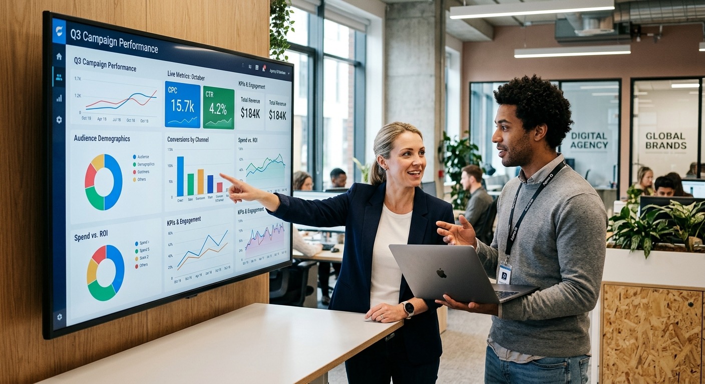 Gestor e profissional de agência revisando painel de dados compartilhado em monitor grande