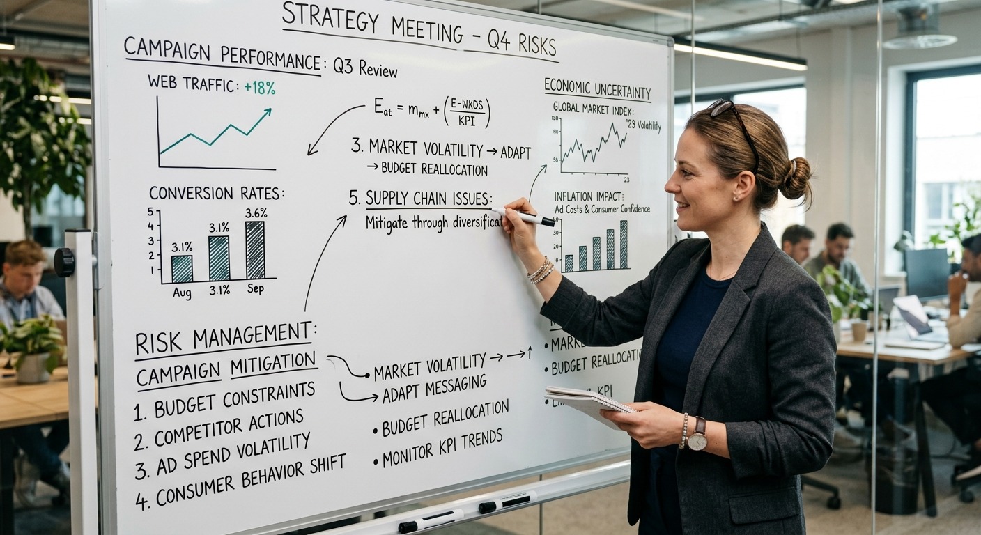 Gestor de marketing escrevendo notas de gestão de riscos em quadro branco com gráficos de campanha
