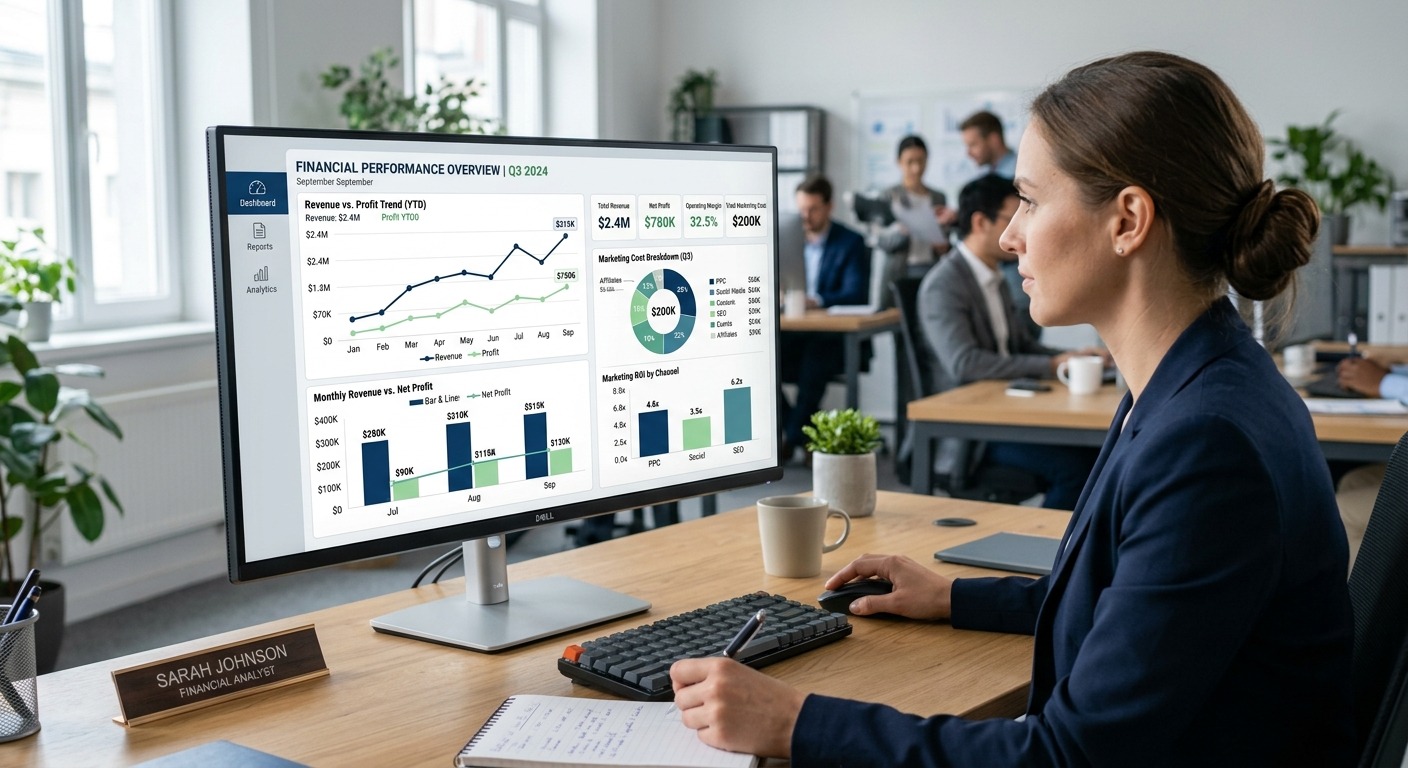 Dashboard financeiro mostrando comparativo entre faturamento e lucro com custos de marketing detalhados