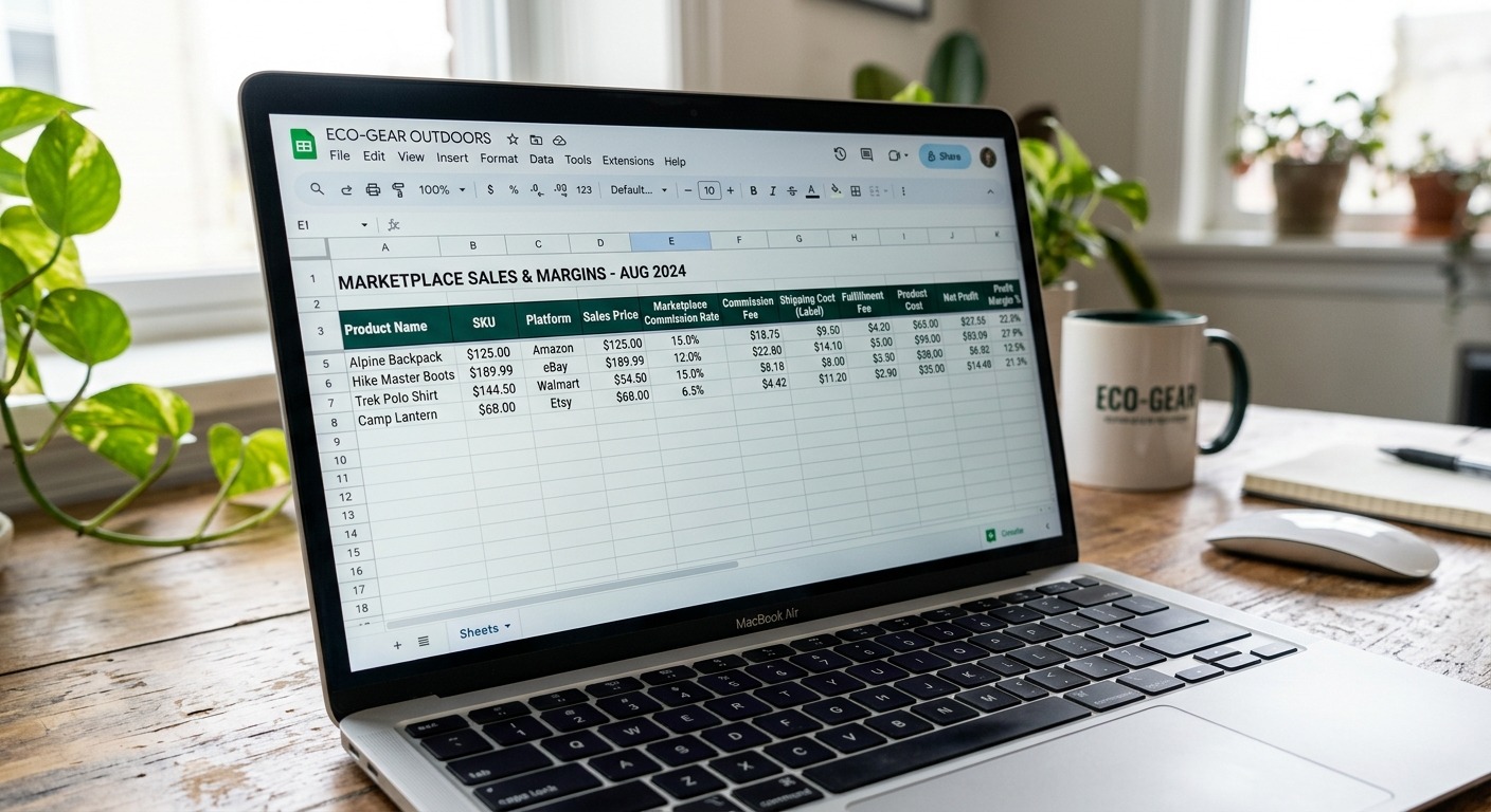 Planilha com colunas de comissões de marketplace, frete e margem de lucro no laptop
