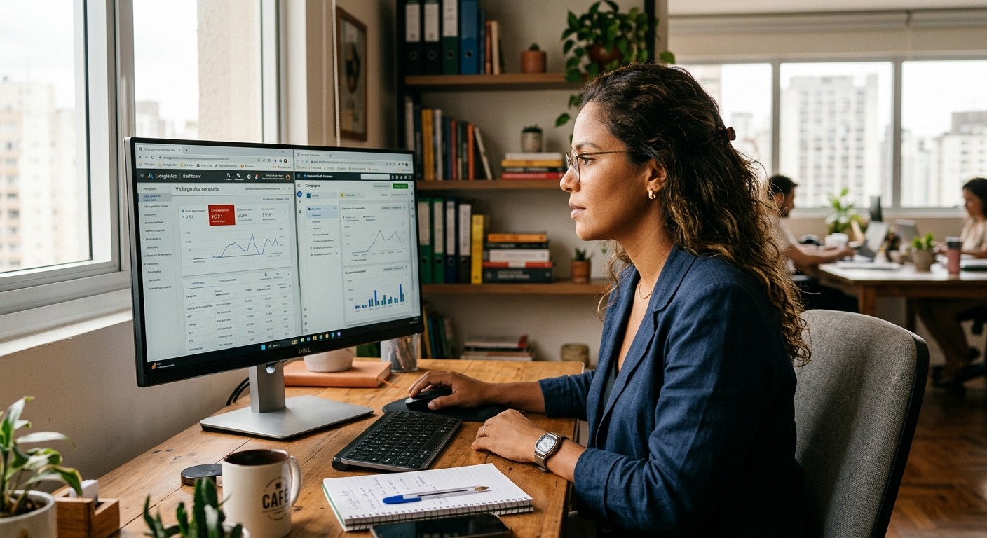 Empresário brasileiro analisando painéis do Google Ads e Meta Ads no computador