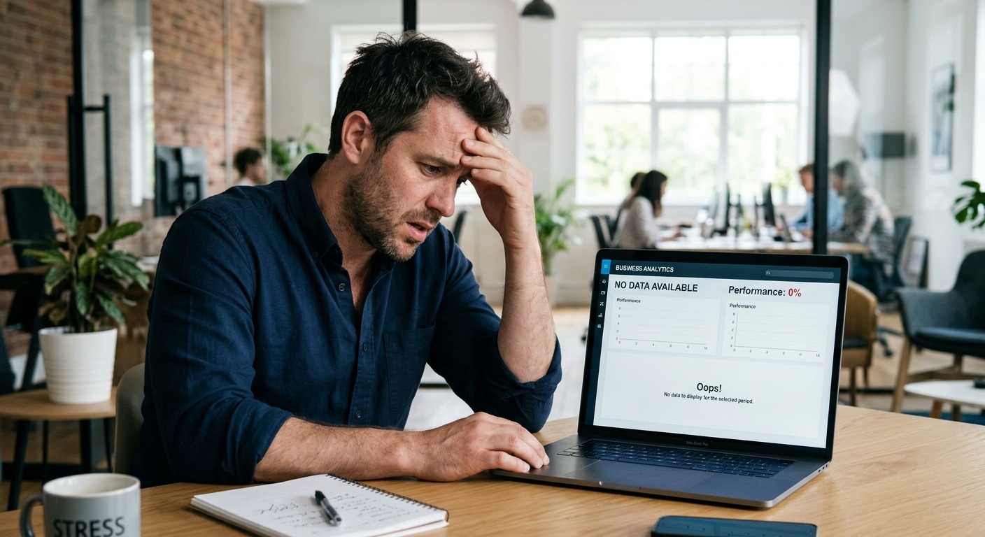 Empresário frustrado olhando dashboard vazio de marketing em escritório moderno