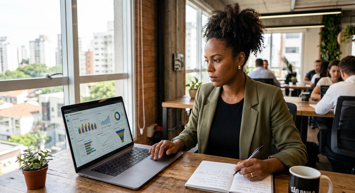 Empresário brasileiro analisando gráficos de performance de marketing em laptop em escritório