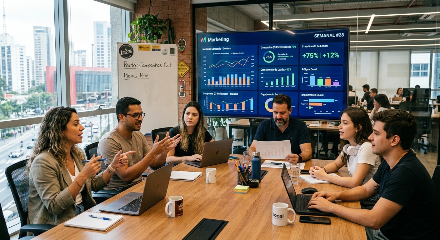 Equipe de marketing revisando dashboards de dados em tela grande durante reunião semanal
