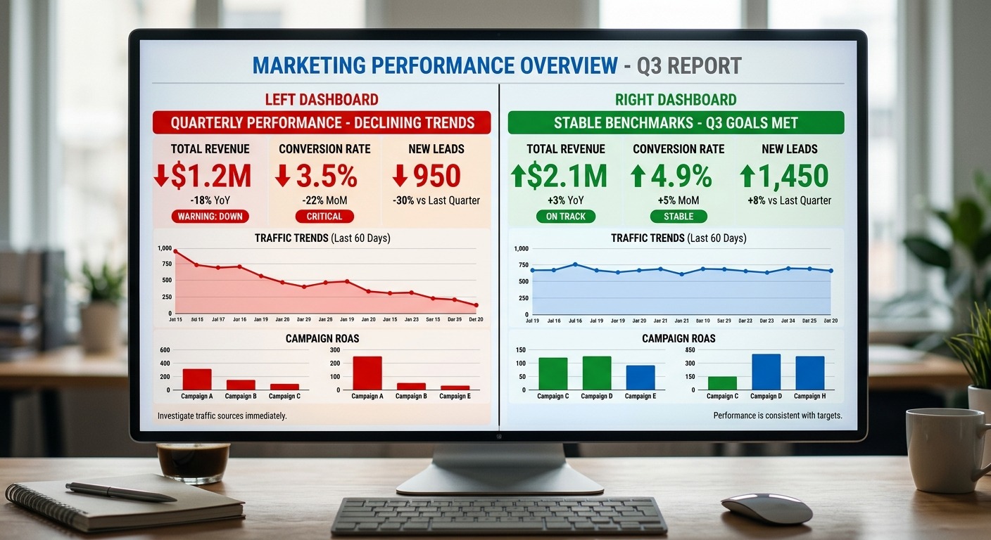 Dois dashboards de performance de marketing comparados lado a lado em monitor