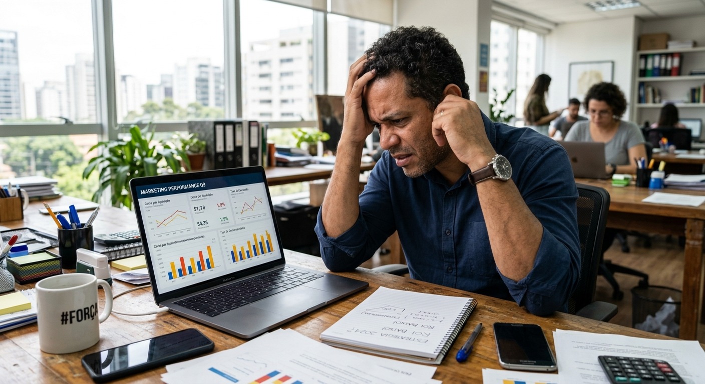 Empresário brasileiro frustrado diante de tela com gráficos de dados de marketing