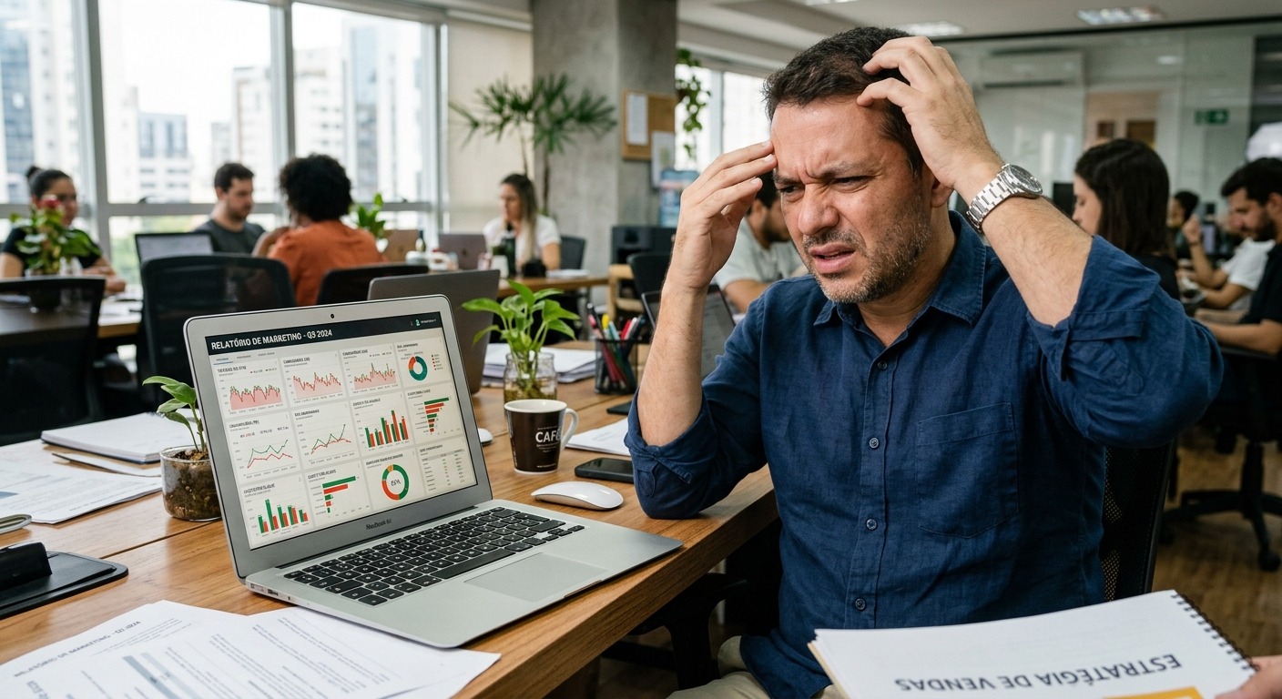 Empresário brasileiro confuso diante de dashboard de marketing no computador em escritório