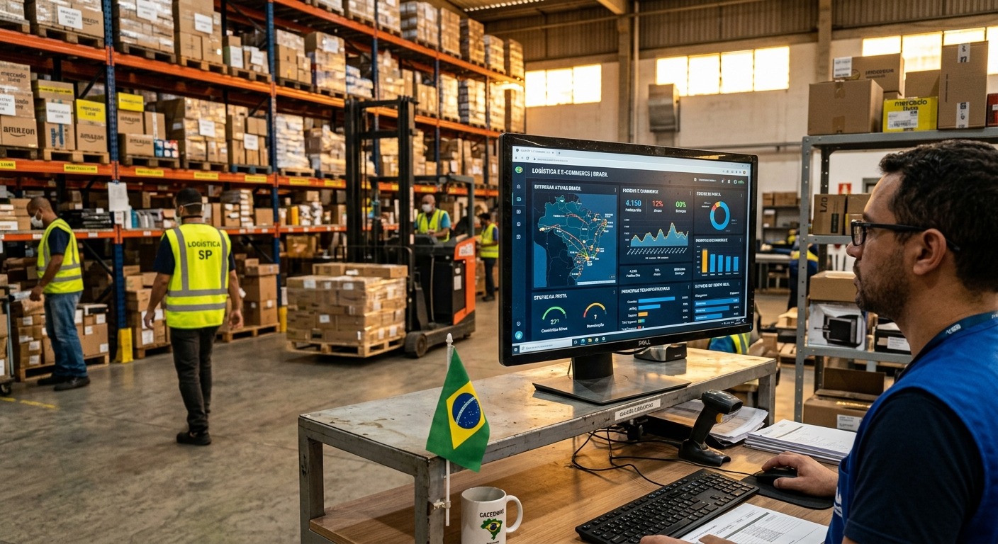 Painel de integração entre ERP e e-commerce exibido em monitor dentro de galpão industrial brasileiro