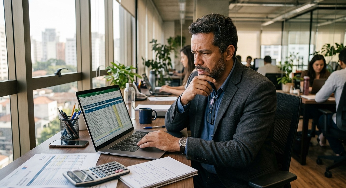 Gestor analisando planilhas de orçamento de marketing em escritório com luz natural