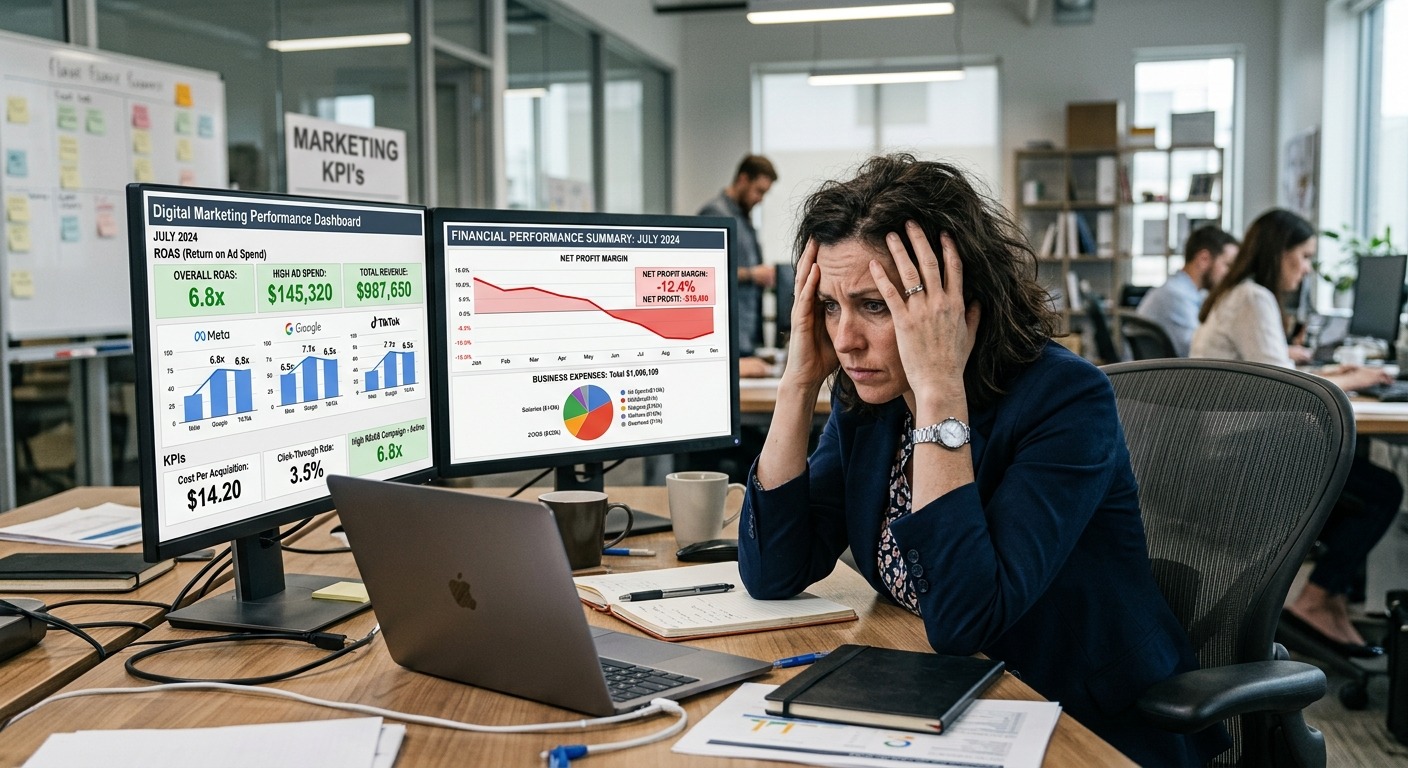 Empresário olhando painel de marketing com ROAS alto e margem negativa no gráfico