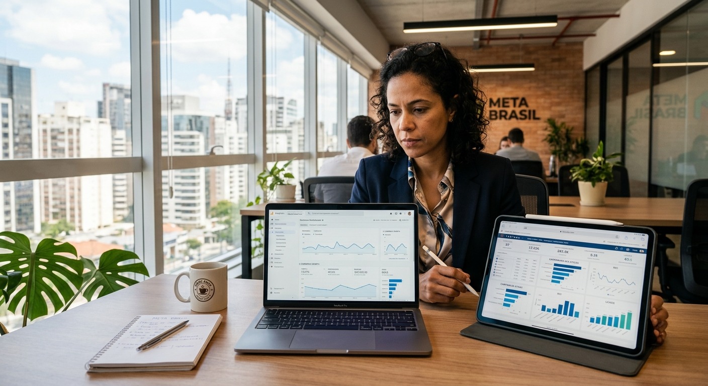 Empresário brasileiro analisando dashboards de marketing em laptop e tablet no escritório