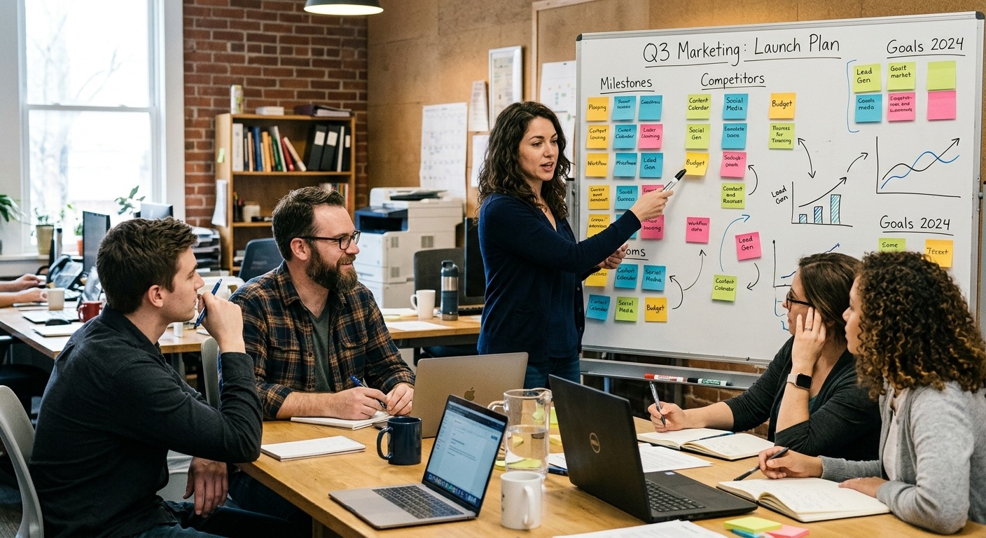 Equipe de negócios discutindo estratégia em sala de reunião com post-its