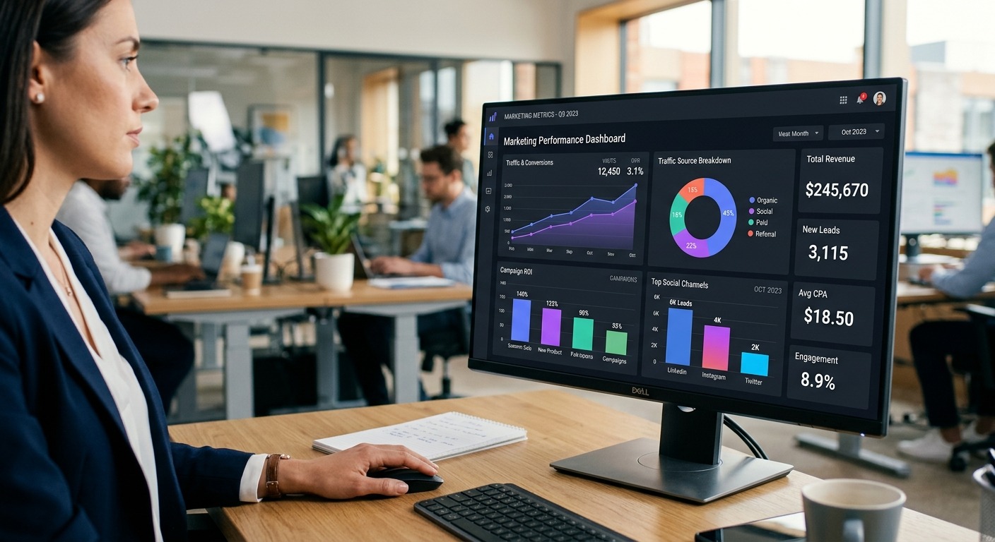 Painel de marketing digital com gráficos claros e métricas organizadas em tela de computador