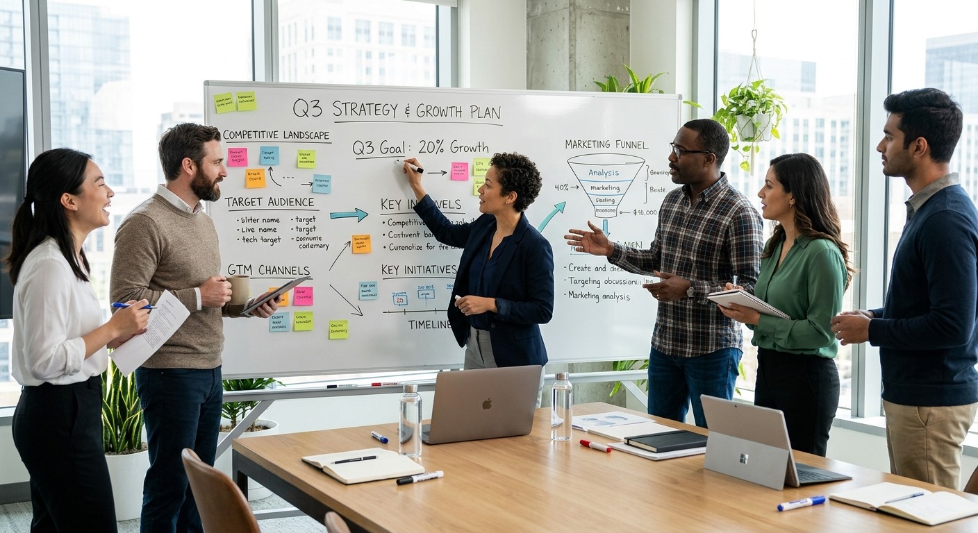 Equipe de gestores debatendo estratégia de marketing e negócios em quadro branco