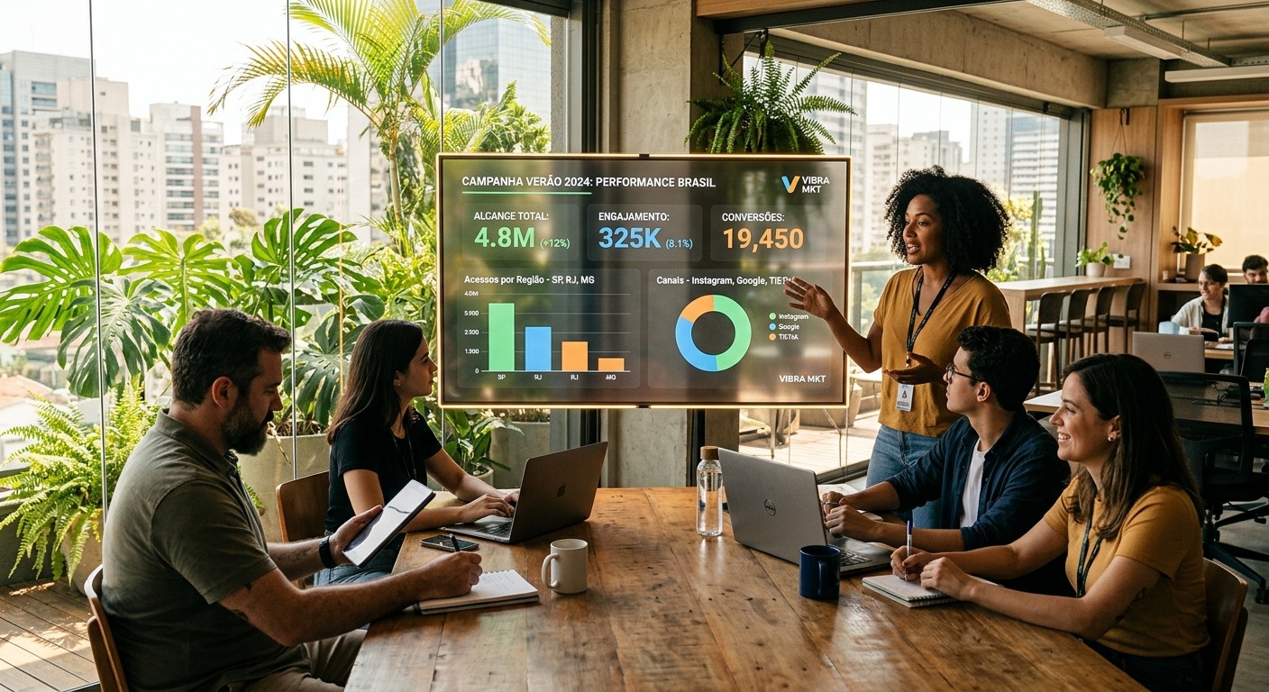 Equipe de marketing apresentando dados de desempenho de campanha em painel transparente no Brasil