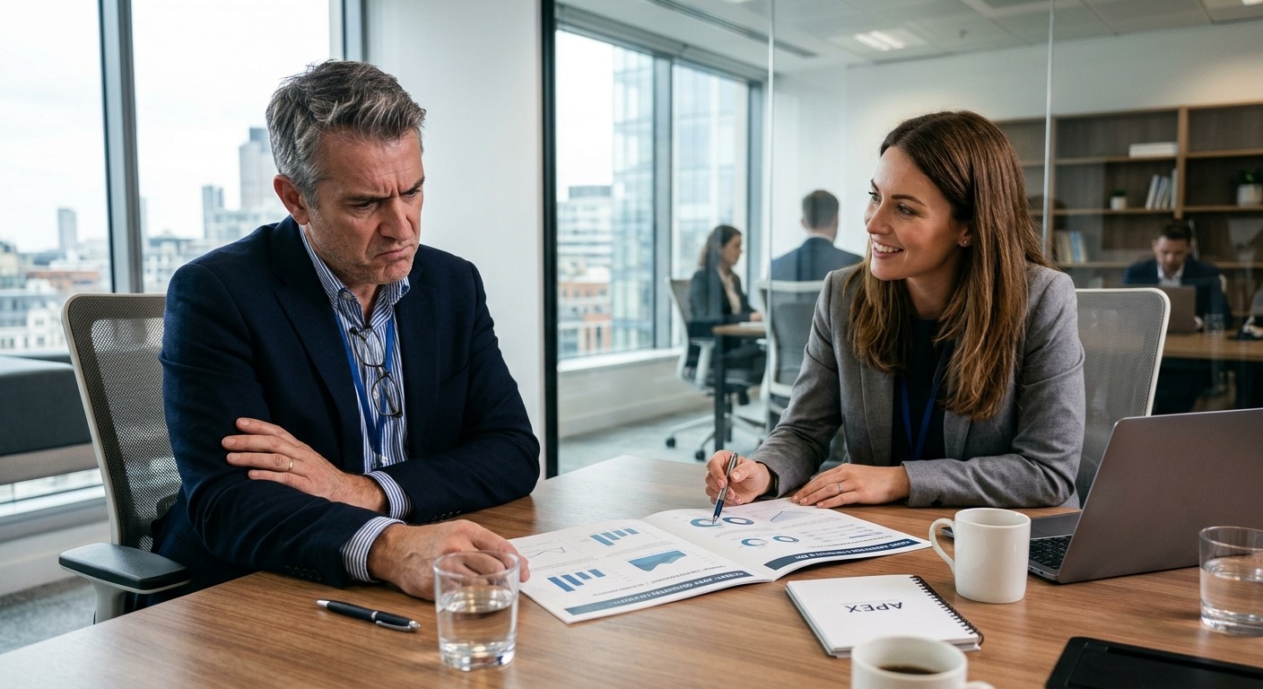 Empresário revisando relatório apresentado por representante de agência de marketing em escritório