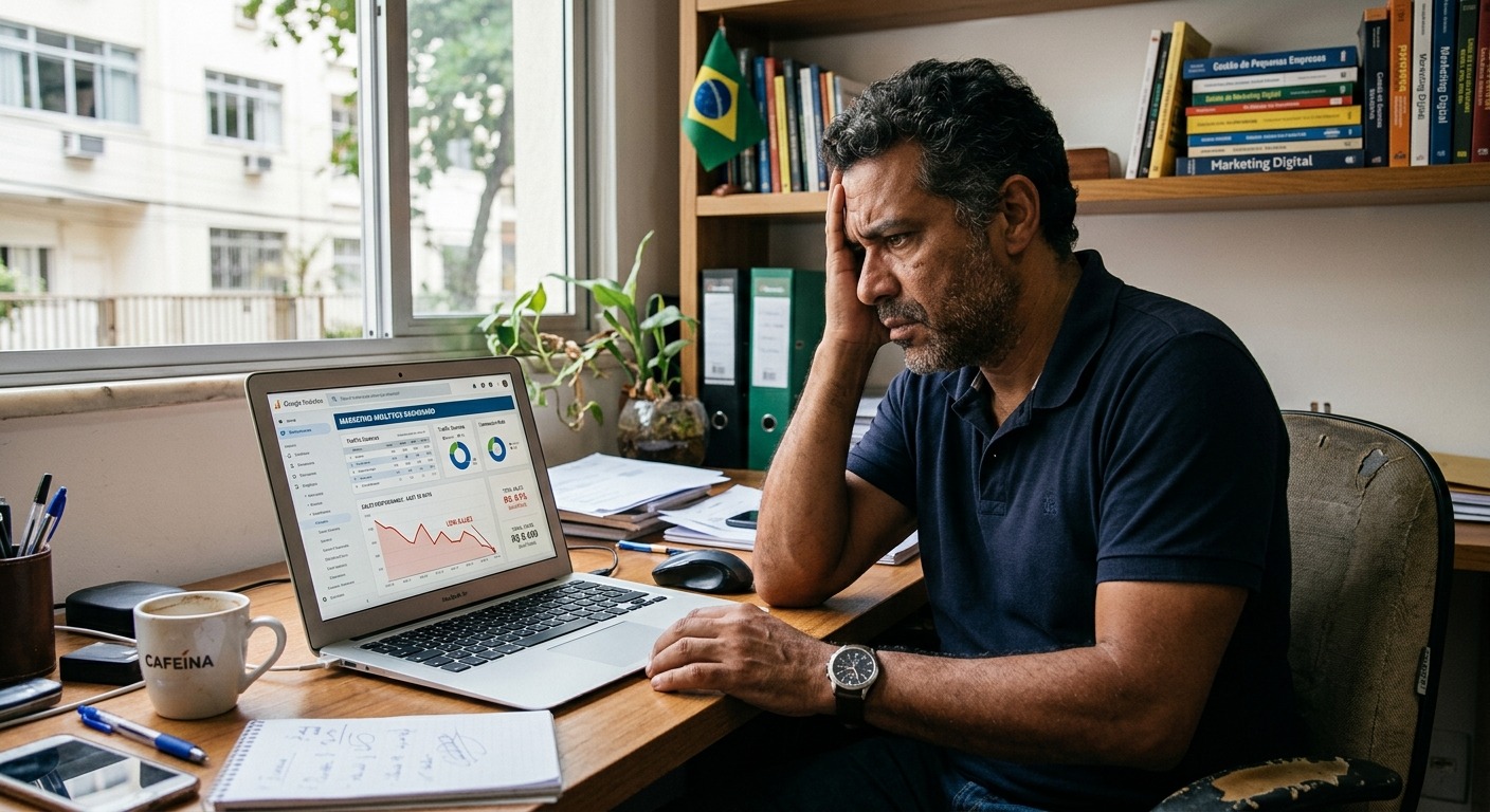 Empreendedor frustrado analisando painel de marketing com gráfico de vendas baixo