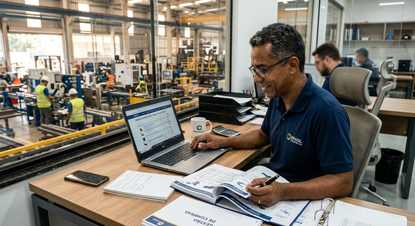 Gestor industrial brasileiro analisando catálogo de produtos e preços em laptop no escritório da fábrica