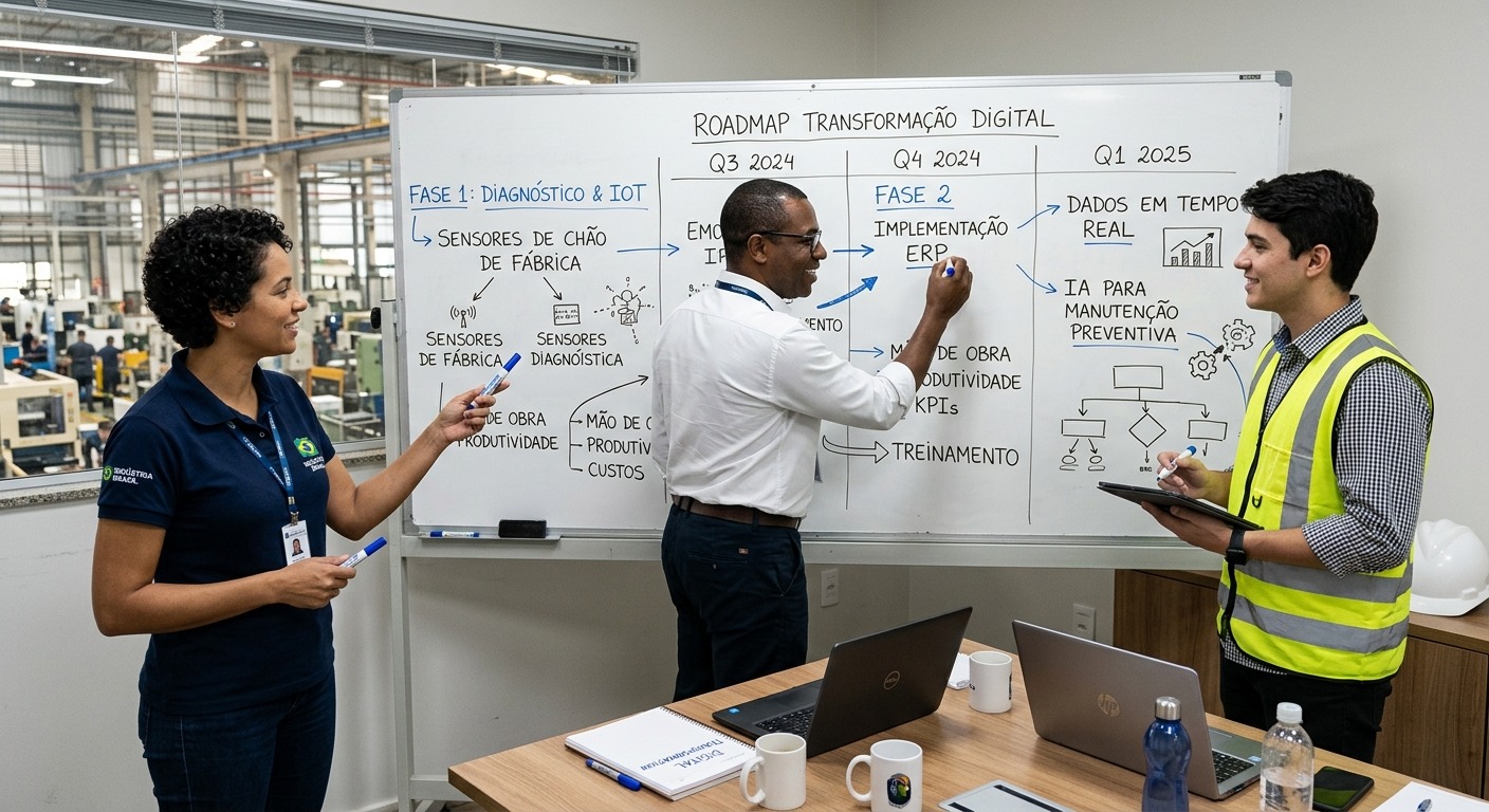 Equipe de três pessoas em sala de reunião de fábrica planejando roteiro de transformação digital em quadro branco