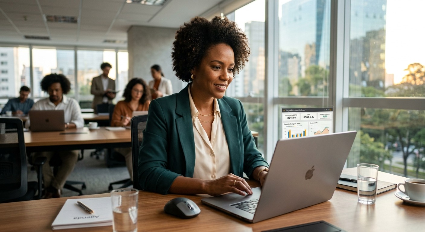 Empresário brasileiro analisando painel de marketing em laptop em escritório moderno com luz natural