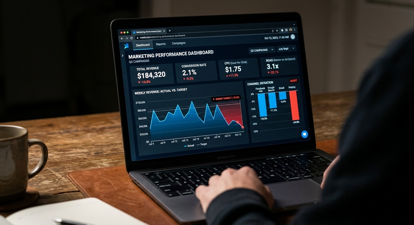 Tela de laptop com dashboard de marketing mostrando indicadores de desvio de meta em vermelho