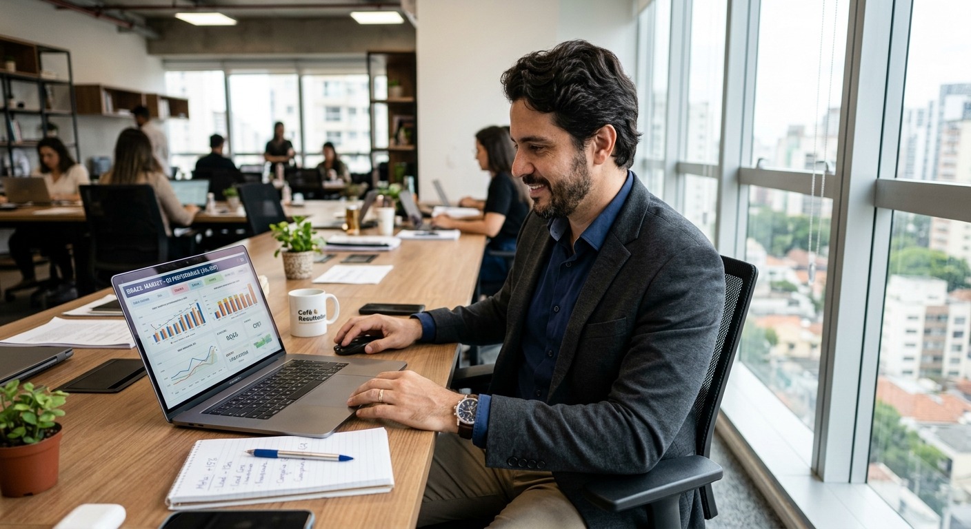 Empresário brasileiro analisando gráficos de desempenho de marketing no computador em escritório