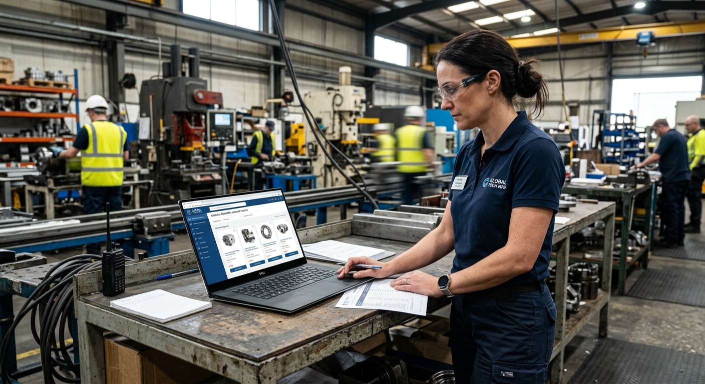 Gestor industrial analisando catálogo digital B2B em laptop dentro de fábrica