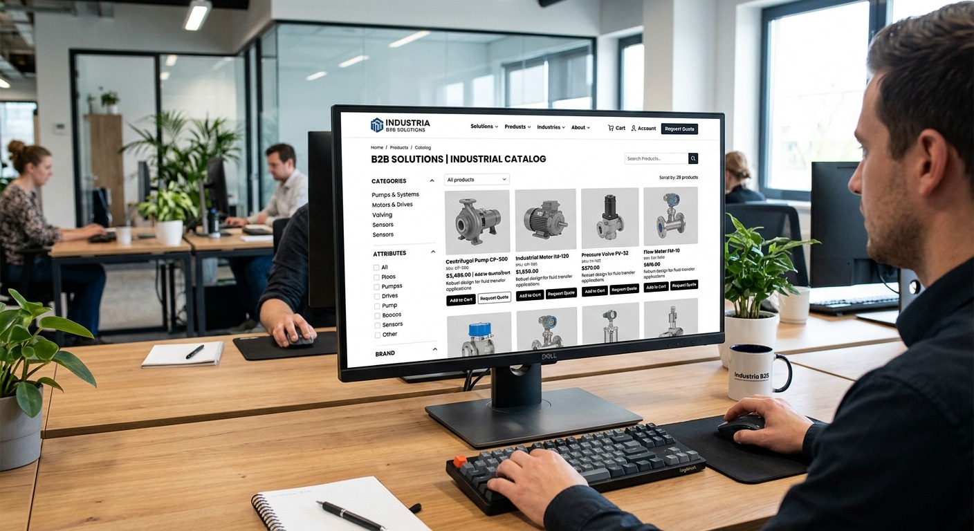 Catálogo de produtos industriais exibido em plataforma de e-commerce B2B com interface moderna