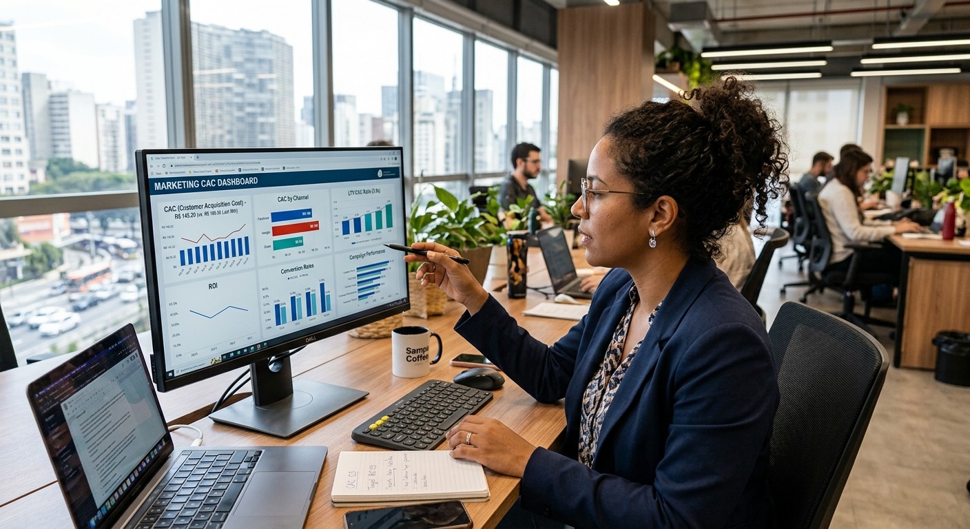Gestor de marketing analisando métricas de CAC em tela de computador em escritório moderno