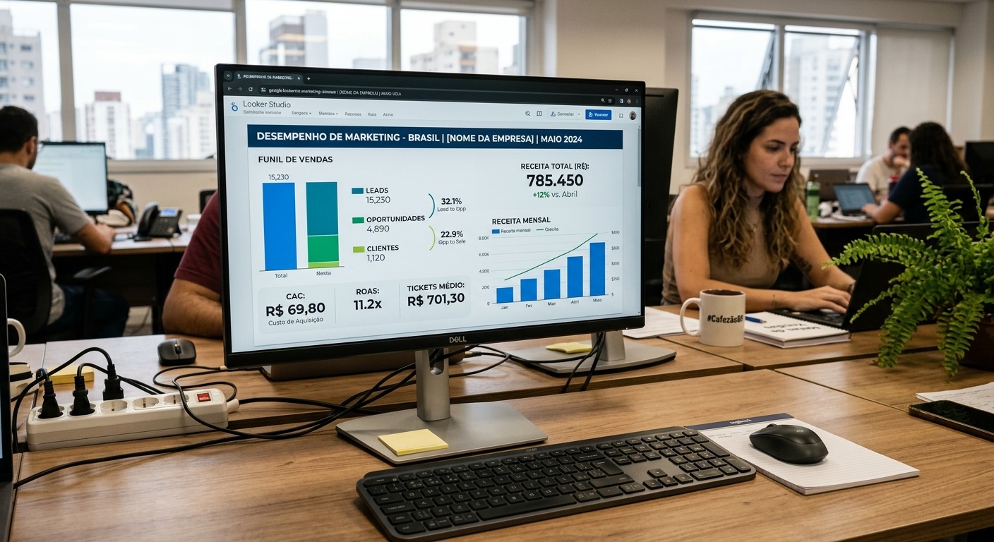 Dashboard de marketing com métricas de funil de vendas e receita em escritório de pequena empresa
