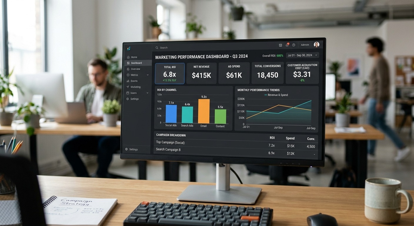 Dashboard de performance de marketing mostrando métricas de ROI e dados de campanha em tela de computador