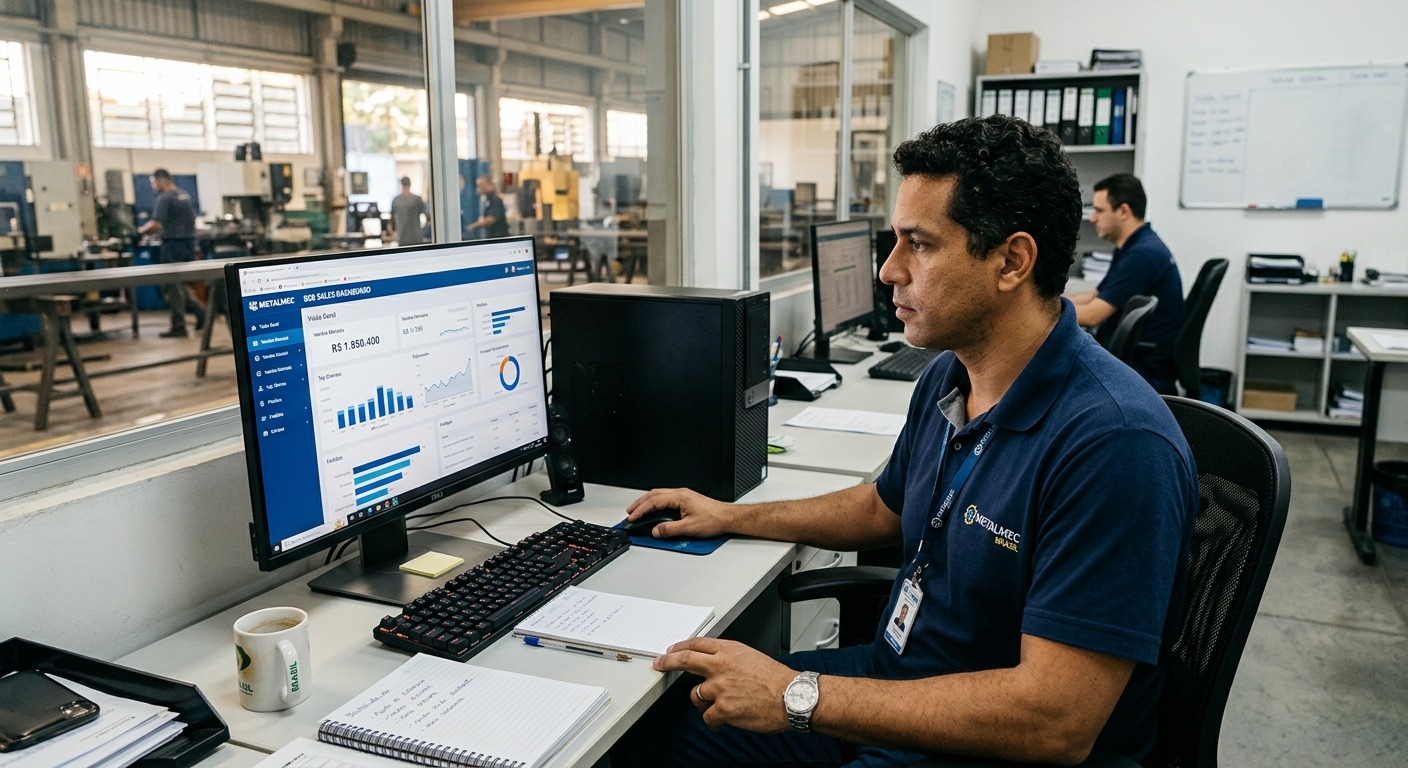 Gestor industrial brasileiro analisando painel de e-commerce B2B em escritório de fábrica