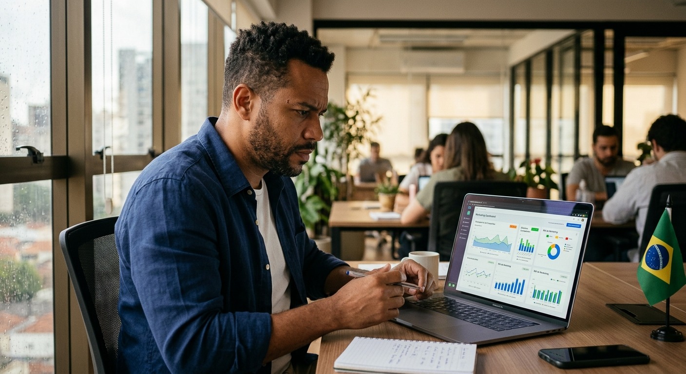 Empresário brasileiro analisando gráficos de desempenho de marketing em laptop no escritório