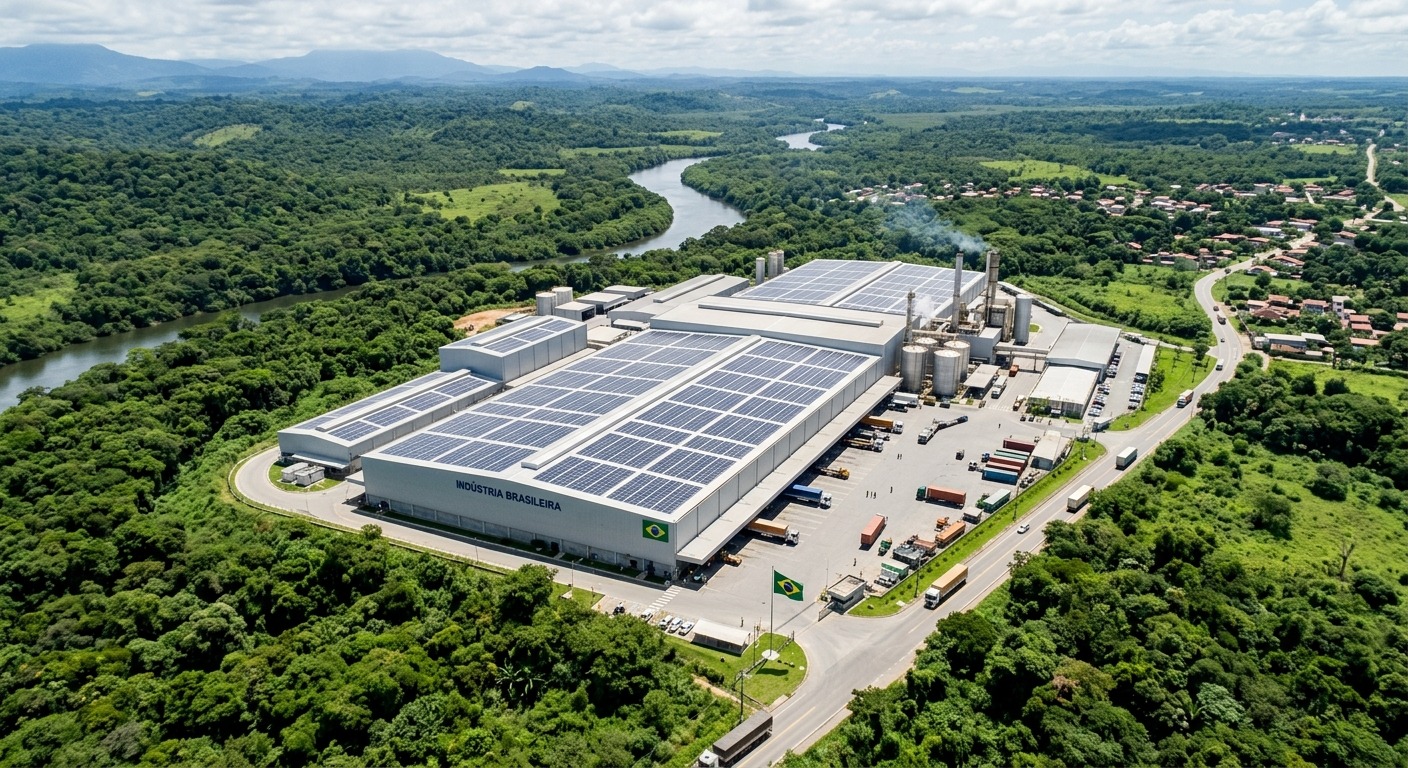 Fábrica brasileira com painéis solares no telhado rodeada por vegetação verde