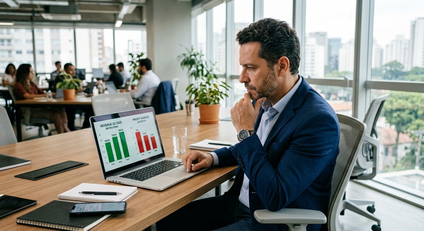 Gestor analisando gráfico de faturamento alto com margem de lucro baixa no laptop