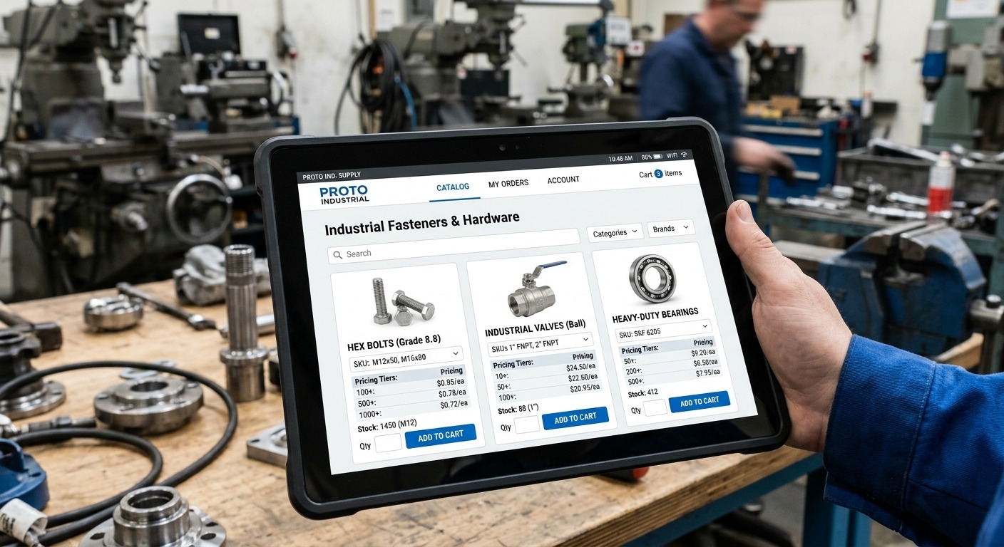 Tablet exibindo portal B2B com catálogo de produtos industriais e tabela de preços por perfil