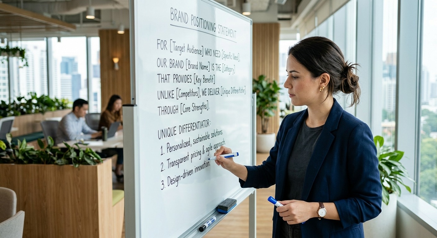 Empreendedor escrevendo declaração de posicionamento de marca em quadro branco de escritório