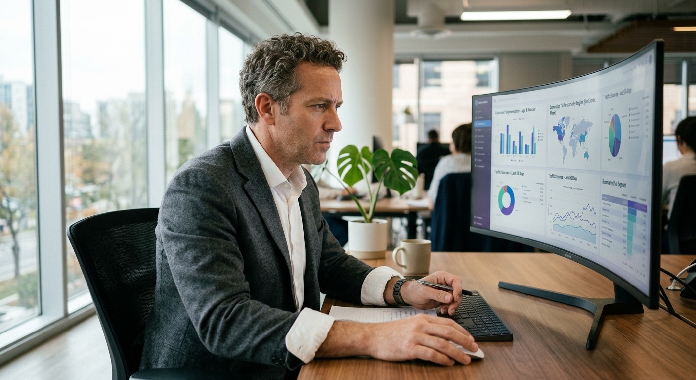 Empresário analisando dashboards segmentados de marketing em monitor em escritório moderno