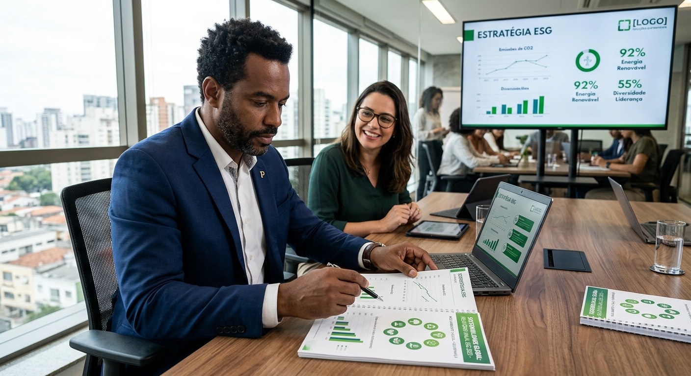 Executivo brasileiro analisando relatório de sustentabilidade ESG em sala de reunião com gráficos