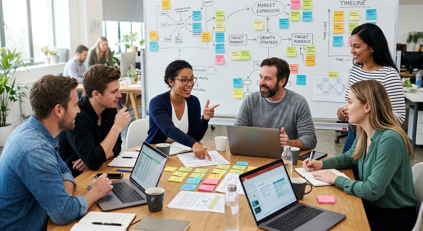 Equipe de pequena empresa discutindo estratégia com notas adesivas em quadro branco