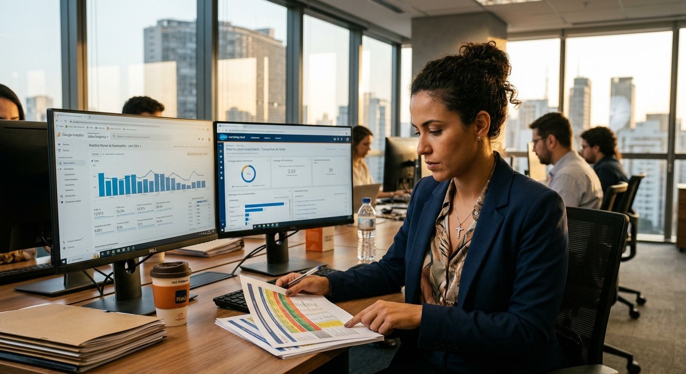 Gestor de marketing analisando relatórios históricos impressos e dashboards digitais em escritório moderno