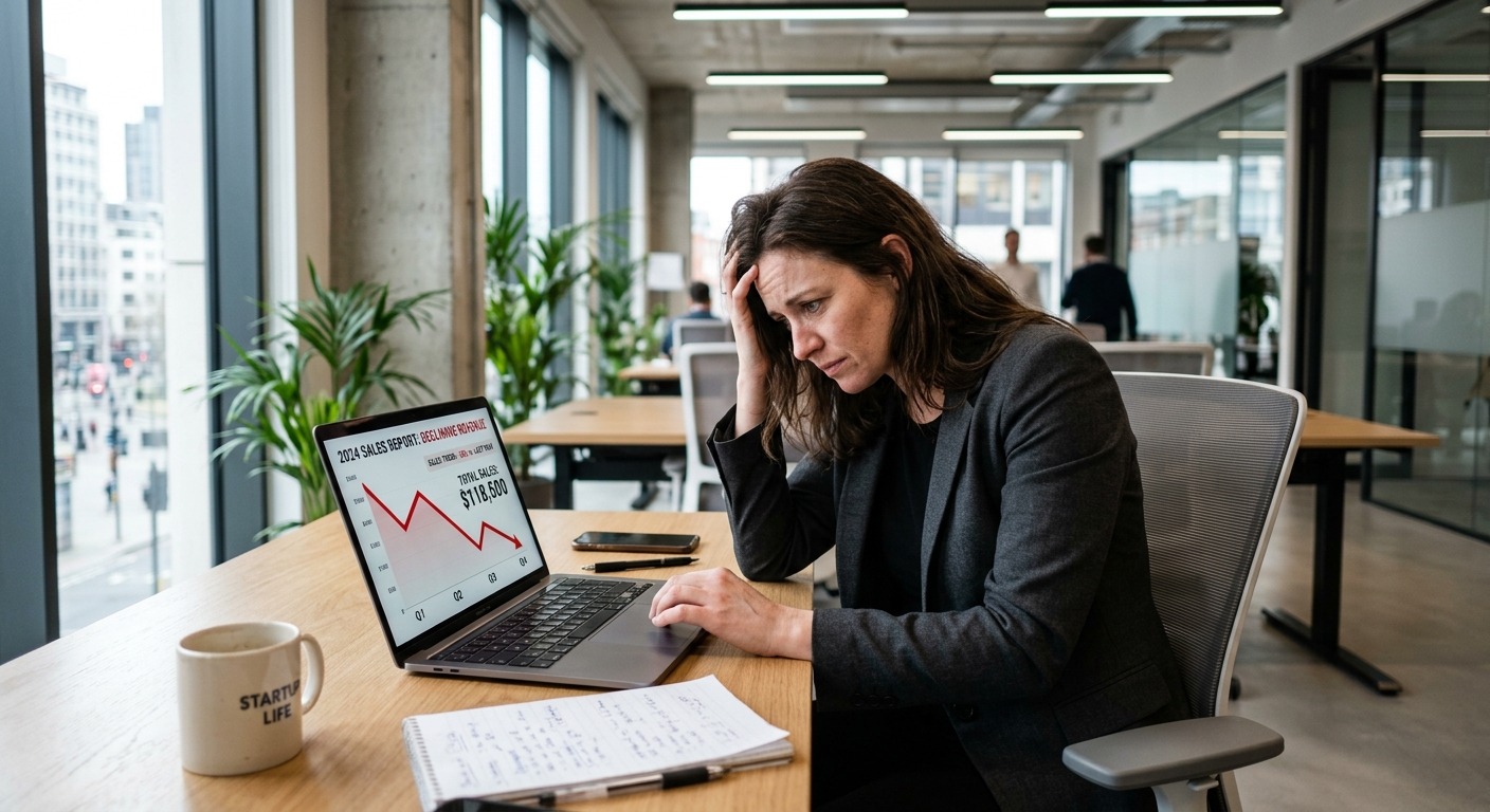 Empreendedor frustrado analisando gráficos de queda de vendas em escritório moderno