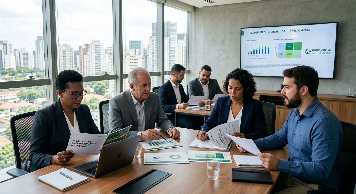 Executivos brasileiros em sala de reunião revisando documentos de estratégia empresarial sustentável