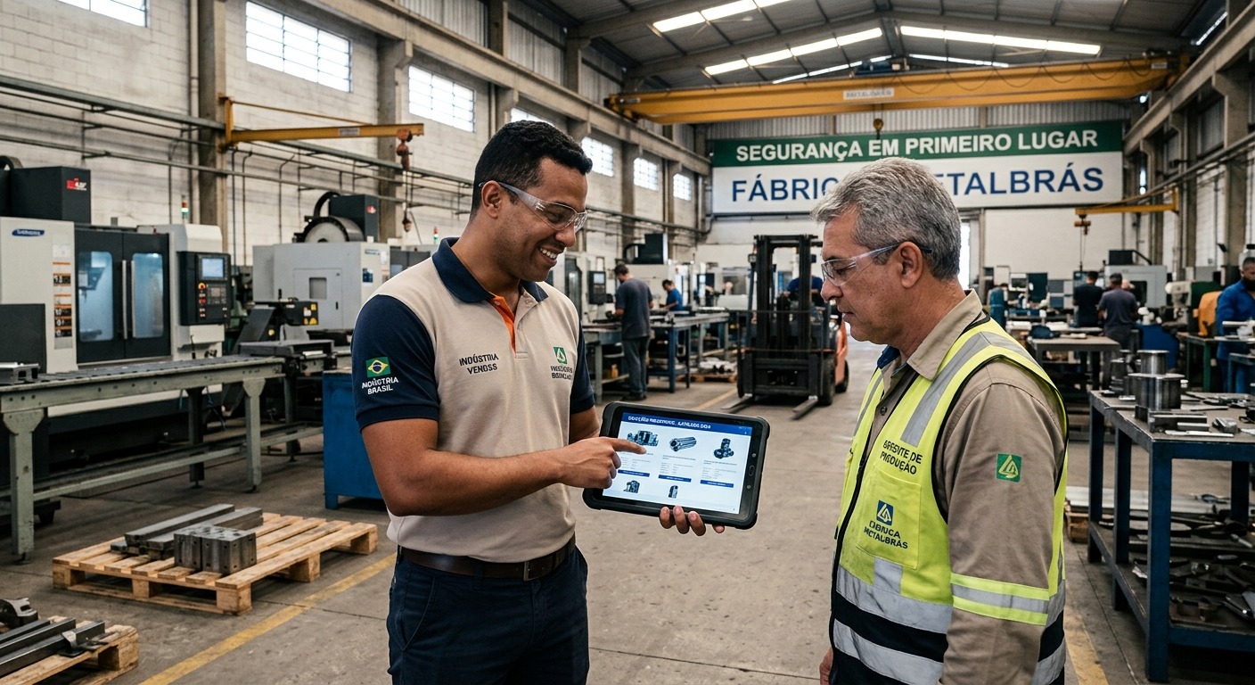 Representante de vendas B2B mostrando catálogo digital em tablet para gestor de fábrica