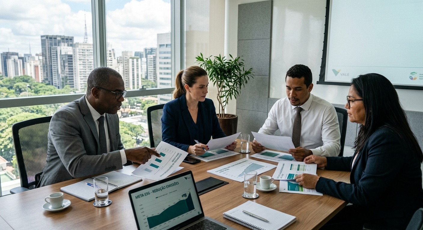 Executivos brasileiros em sala de reunião revisando documentos de estratégia de sustentabilidade