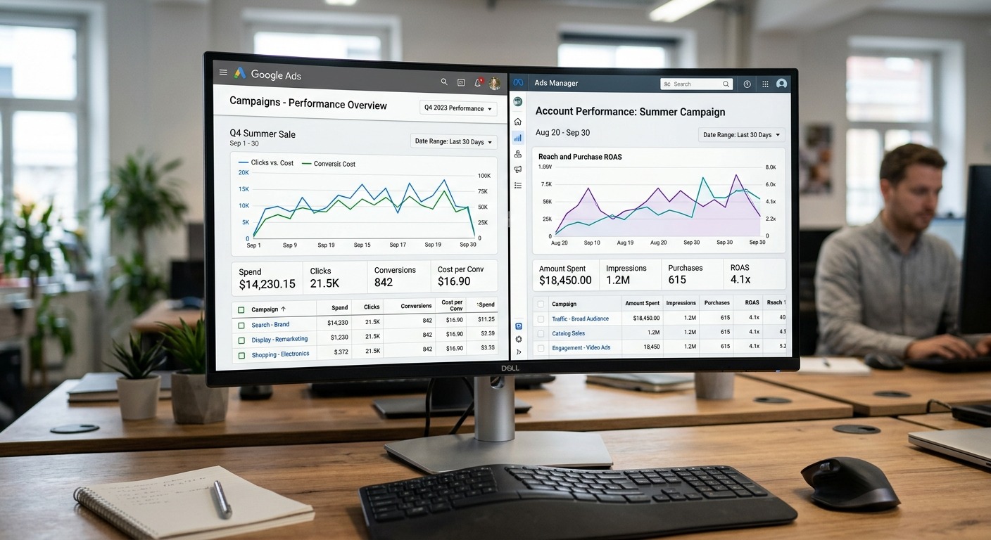 Tela de computador exibindo painéis do Google Ads e Meta Ads com gráficos de desempenho