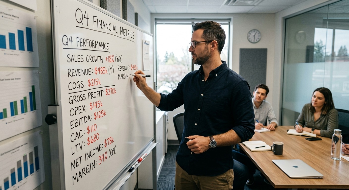 Empreendedor escrevendo métricas financeiras em quadro branco durante reunião de equipe