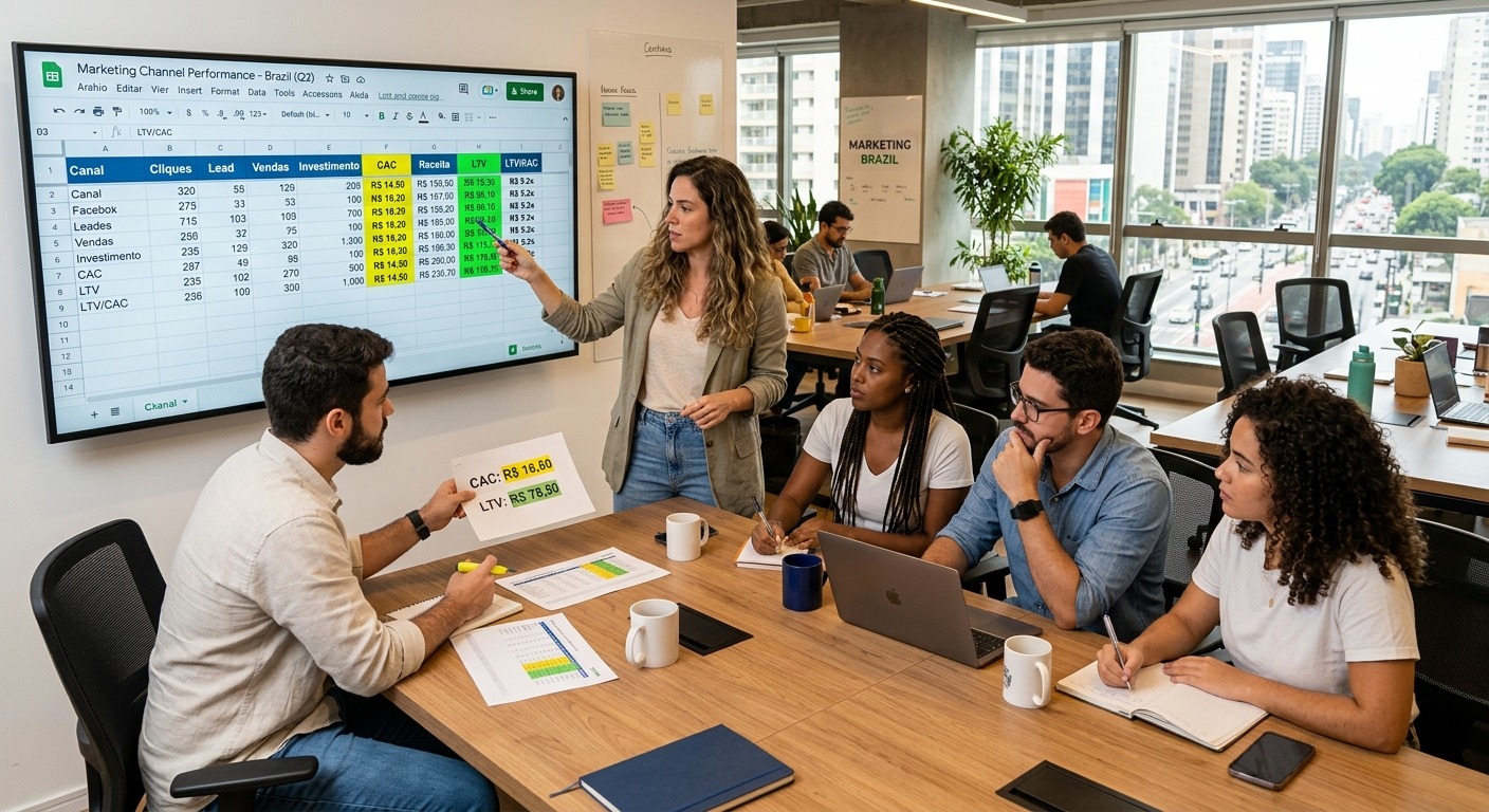 Equipe de marketing revisando planilha de desempenho de canais com métricas de CAC e LTV destacadas