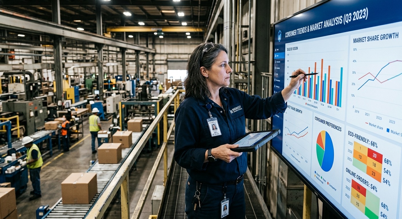 Gestor de indústria analisando gráficos de dados de consumidores em uma tela grande em ambiente industrial.