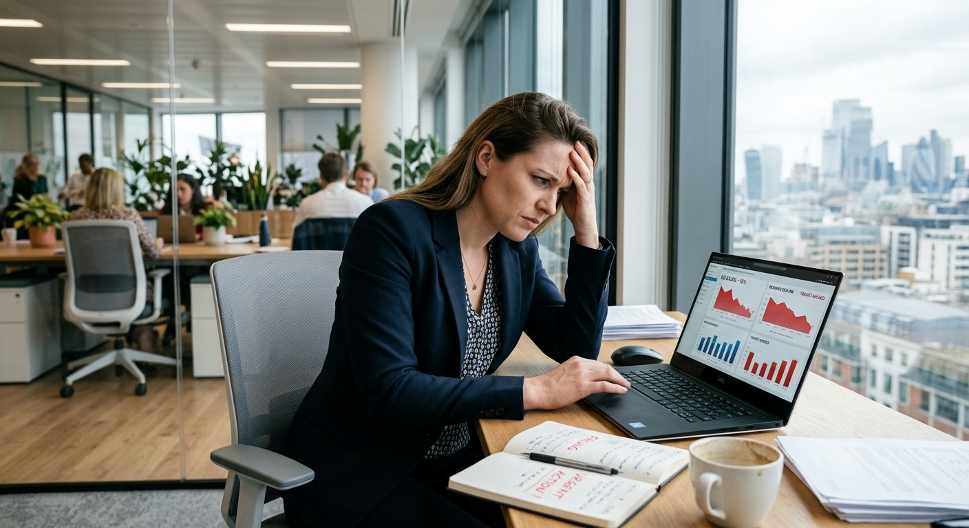 Gestor analisando gráficos de vendas estagnadas em laptop em escritório moderno